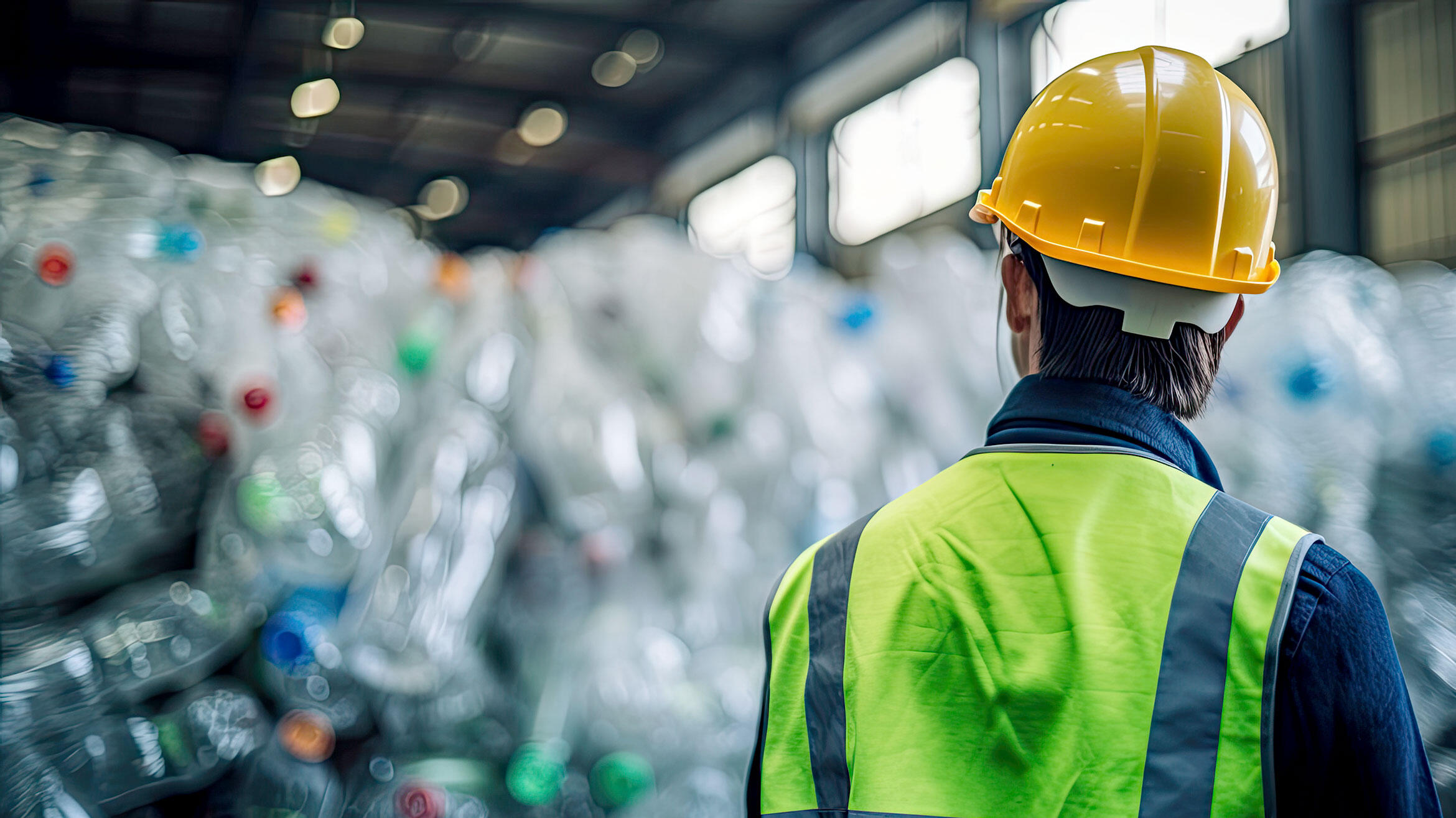 Mann in Arbeitskleidung mit Sicherheitshelm steht mit dem Rücken zur Kamera und schaut auf einen Berg Plastikflaschen in der Recyclingindustrie