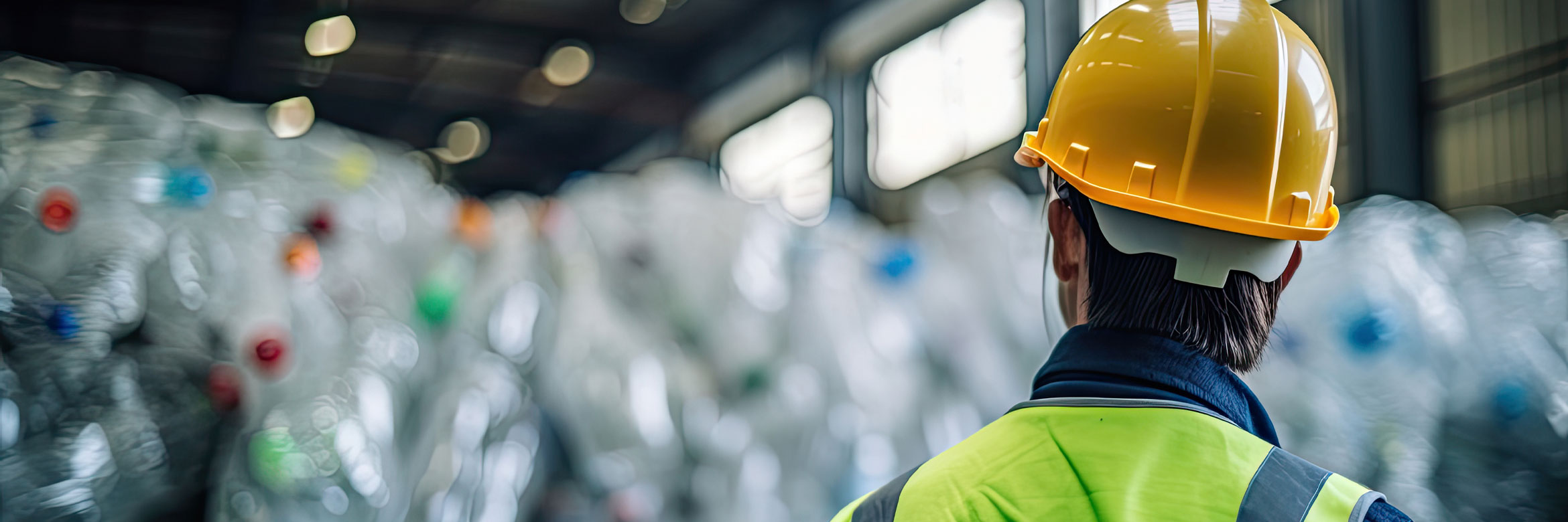 Mann in Arbeitskleidung mit Sicherheitshelm steht mit dem Rücken zur Kamera und schaut auf einen Berg Plastikflaschen in der Recyclingindustrie 