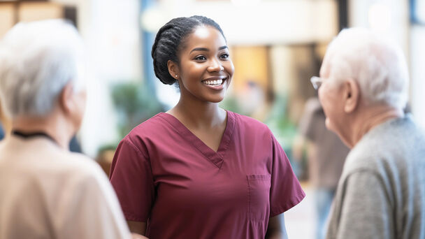 mutmaßlich afrikanische Krankenschwester im Gespräch mit Senioren